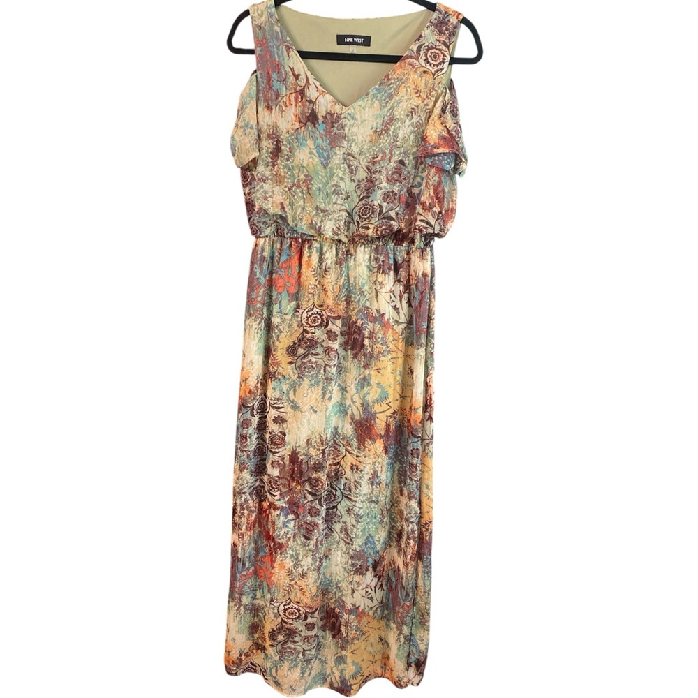 Nine West Cold Shoulder Maxi Dress | Abstract Floral Watercolor Print | Size 2 - Picture 11 of 12